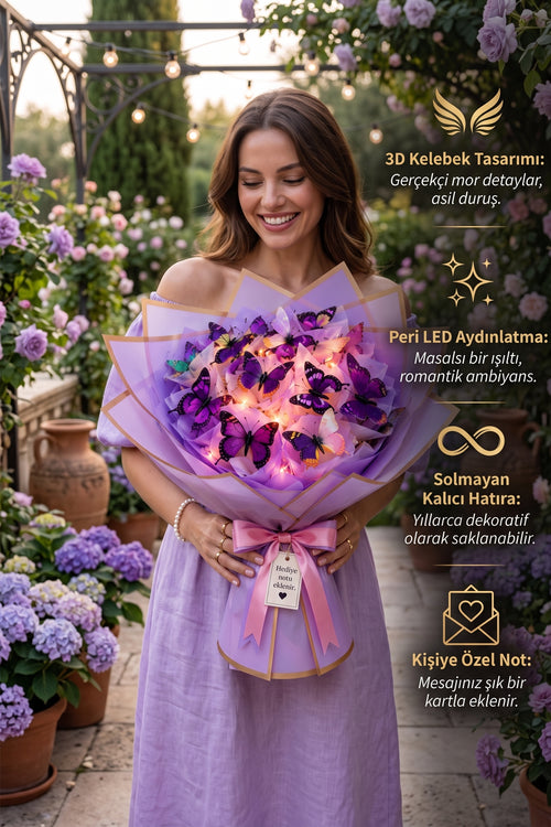 Uzun Saplı Mor Lila LED Işıklı Kelebek Buketi | Sevgiliye, Eşe, Kız Arkadaşa Romantik Hediye